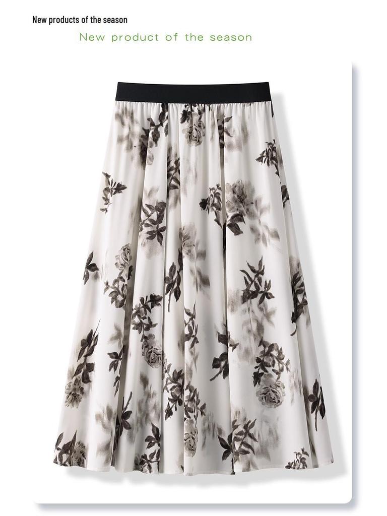 Women's Floral Print Pleated French Chiffon Midi Skirt - Spring/Summer 2025 High-Waist A-Line Design