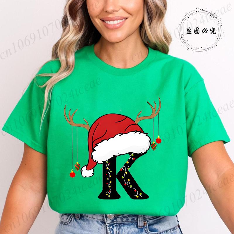 Fashion Merry Christmas Gift for Female Clothing Christmas 26 Alphabet Print TShirt for Women Casual Xmas Tees Short Sleeve Top