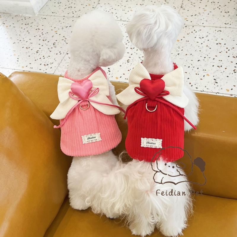 Cute Heart Big Bow Corduroy Dog Dress Thick Warm Pet Apparel Winter Dog Clothes Puppy Small Dog Costume Apparel Pet Dresses Coat