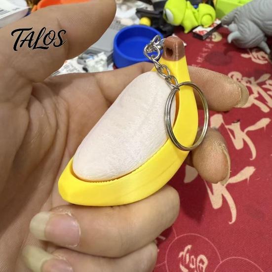 Push-pull Fidget Toy Keychain Pendant, Peeled Banana Stress Relief with Thickened Stainless Metal Steel Ring, Portable for Keys Backpacks Schoolbags