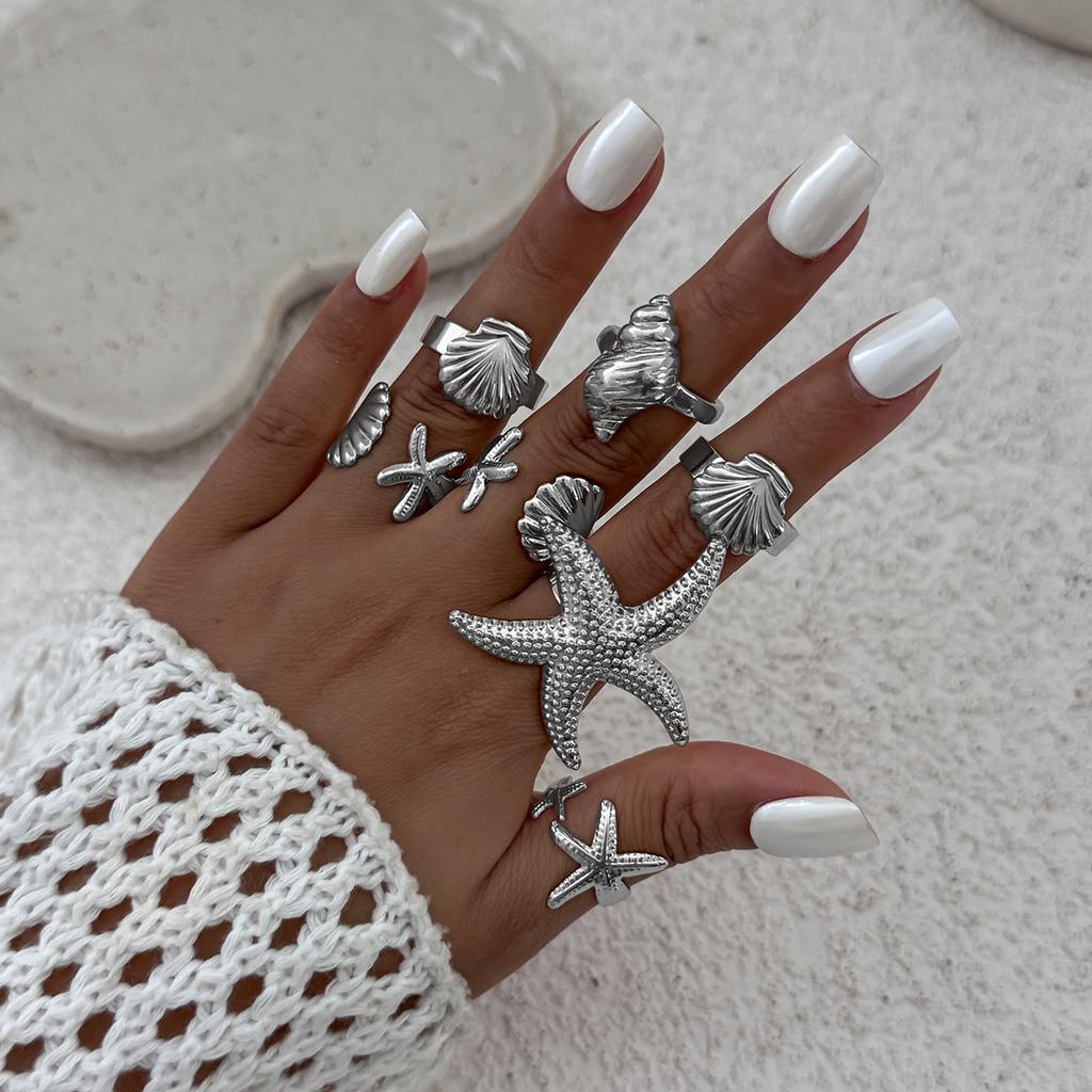 Ingemark 12Pcs/Set Punk Starfish Scallop Open Cuff Bangles Adjustable Rings for Women Boho  Armband Bracelets Summer Jewelry Set