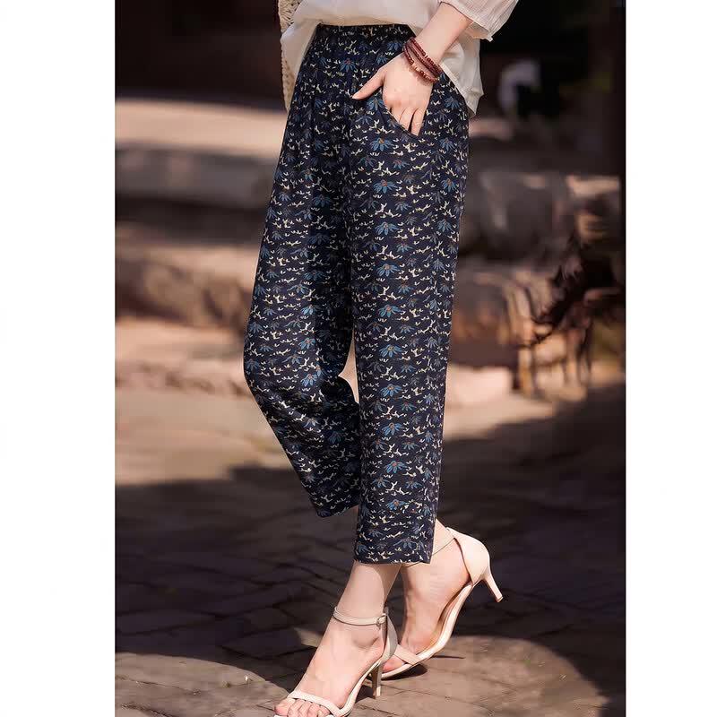 Women's Floral Silk Blend High-Waisted Wide-Leg Pants