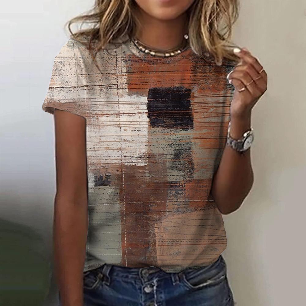 Summer Women's T Shirt Plaid Pattern Print Casual Short Sleeve Crew Neck Tops Fashion Street Oversized Female Clothing Pullover
