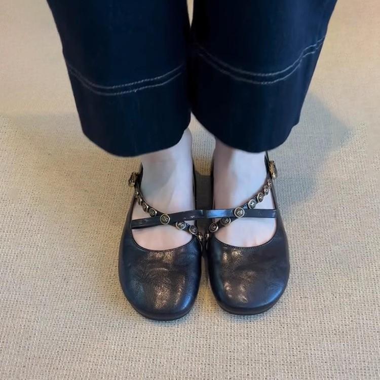 Sheepskin version~ French retro shallow mouth one-word buckle bow single shoes flat leather one-pedal Mary Jane shoes women