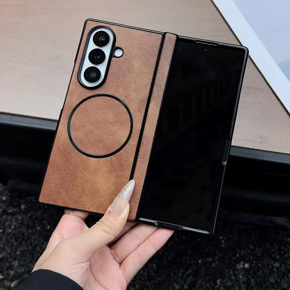 Luxury Busine Sle Leather Hinge Magnetic Phone Case for Original Samsung Galaxy Z Fold 7 6 5 4 3 Magsafe Wireless Charging Cover
