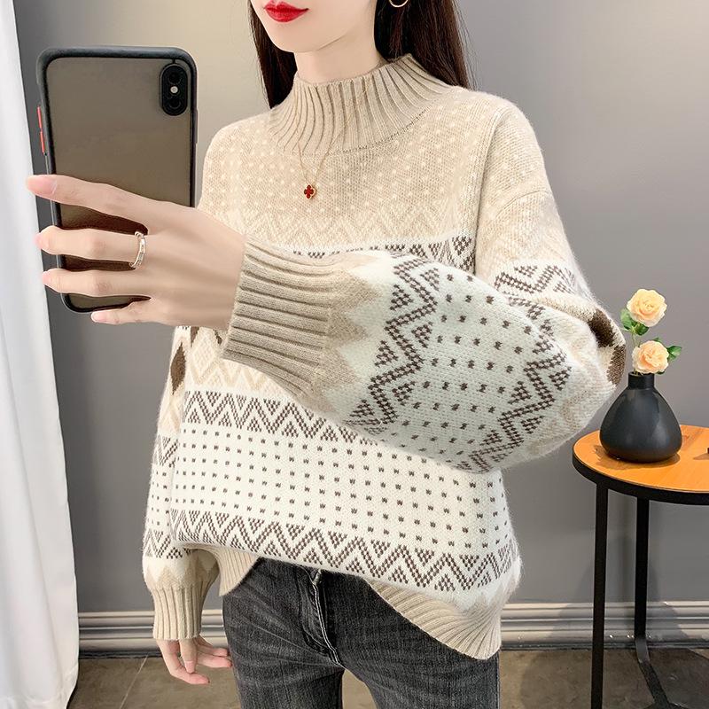 Korean Ethnic Style Jacquard Knit Sweater for Autumn/Winter 2025 - Women's Half-High Collar Loose Fit