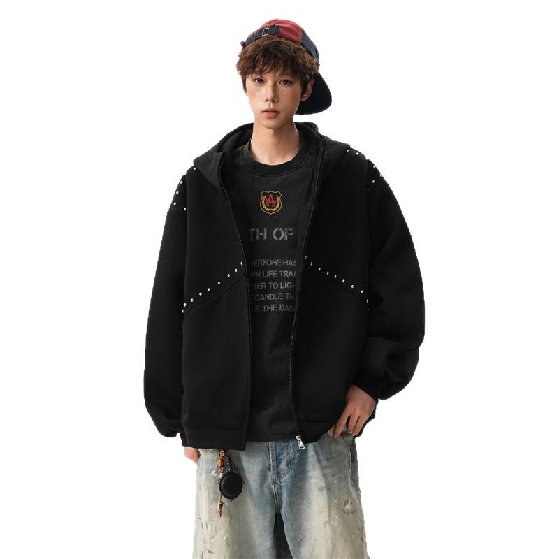 Unisex Velvet-Lined Retro Street Style Rivet Hooded Cardigan