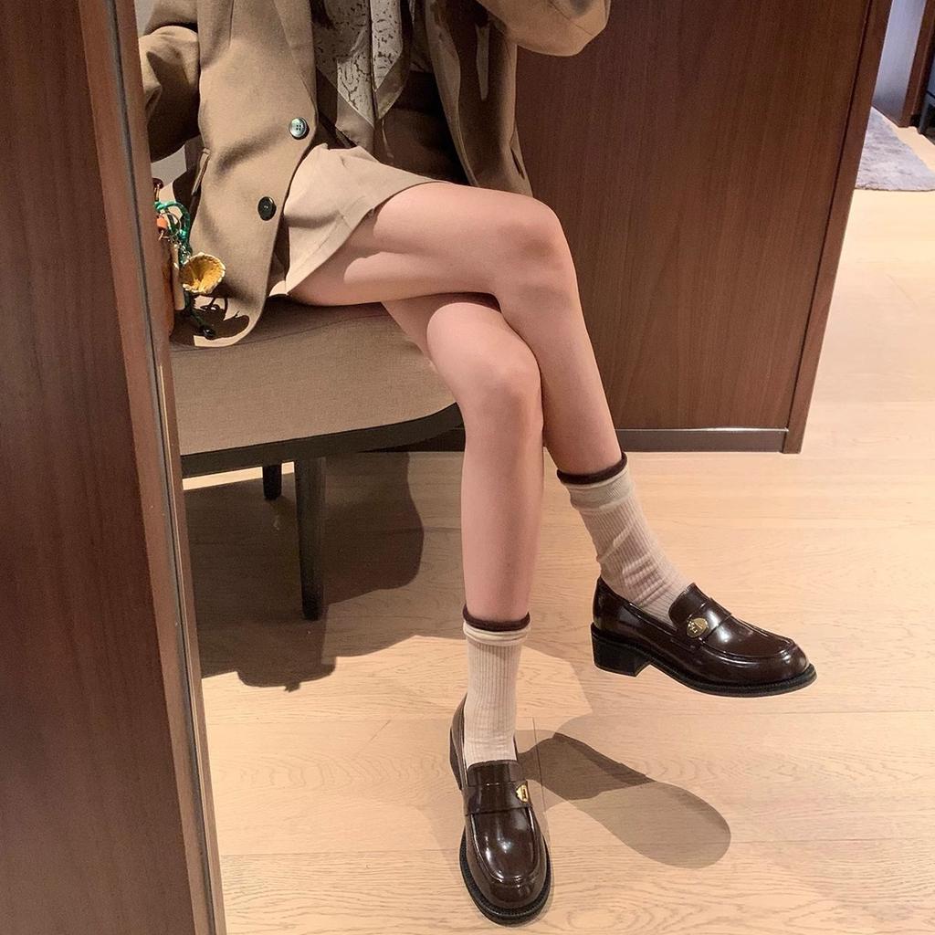 Whole Cowhide~ Grape Mother Versatile Round Head Small Gold Buckle One Pedal Thick Heel Leather Loafers Women's Autumn Small Leather Shoes Women
