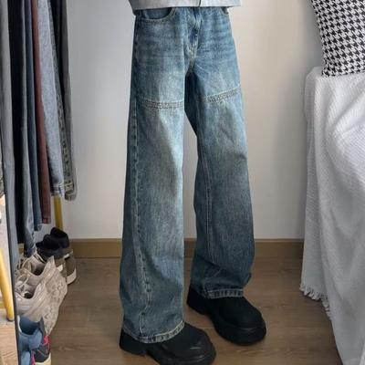Calças Jeans Masculinas Vintage Azuis de Perna Larga Ajuste Solto Perna Reta Casuais de Brim