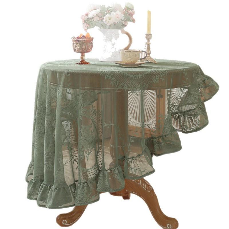 Lace Round Tablecloth With Ruffled Hem French Style Vintage Dining Table Cover Breathable Dustproof Decorative Mat
