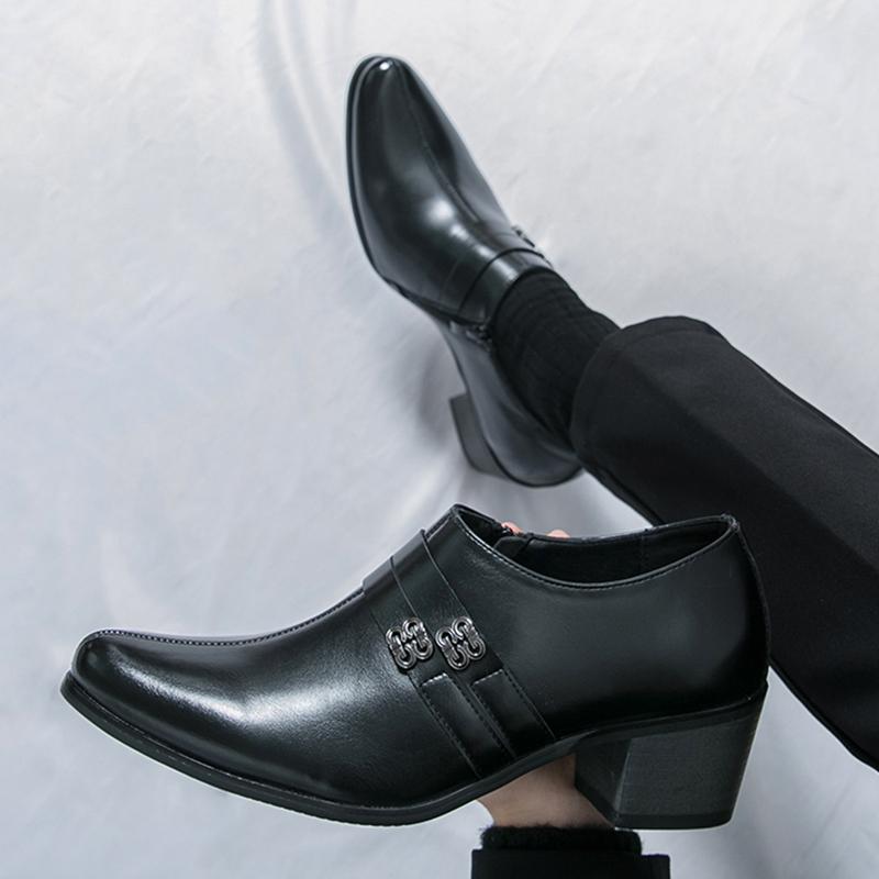 British Fashion Men's Black Pointed Slip On Patented Leather Height Increasing Shoes Moccasins Wedding Prom Homecoming Footwear