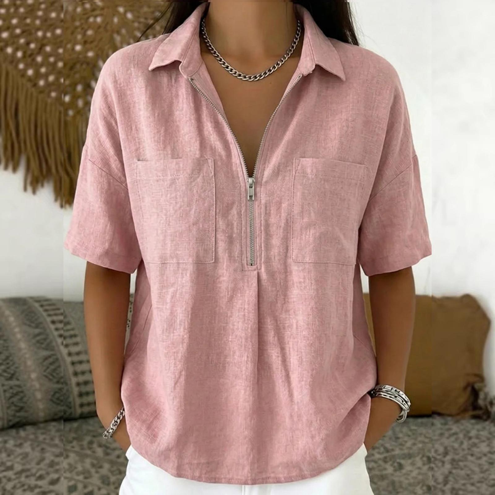 

Women s Fashion Color Loose Collar Short Sleeve Casual Shirt V-neck Zipper Top XL рожевий