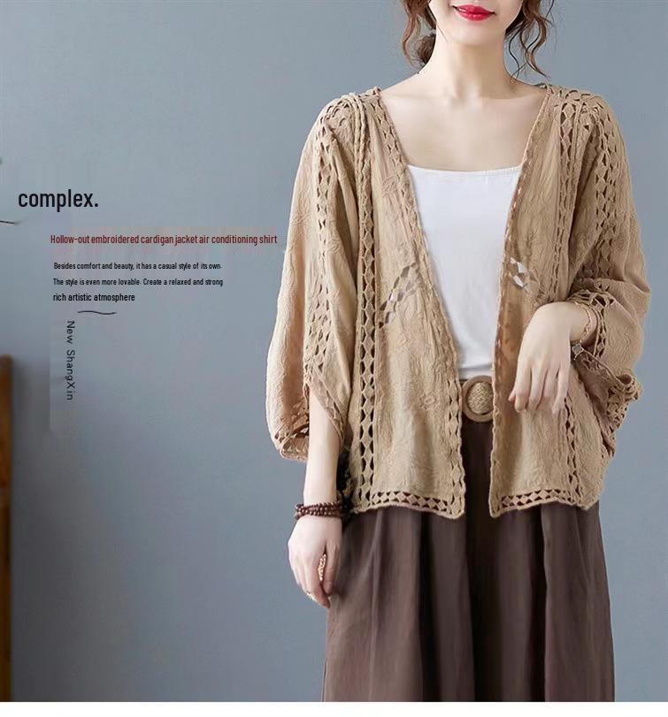 Korean-Style Women's Hollow Lace Batwing Sleeve Cotton Cardigan - Summer Retro Long Sleeve Top