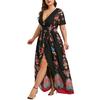 Plus Size Fashion Women Butterfly Printed V-Neck Short Sleeve Casual Long Dress