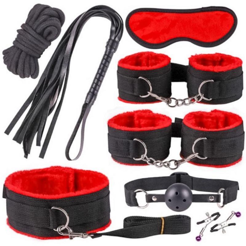 BDSM Restraint Sets, Female Sex Toys Handcuffs, Gags, Blindfolds, Whips, Restraint Straps, Nipple Clamps Adult Game Accessories,