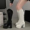 Fashion Women's Boots Fashion Comfy Black White Knee-High Boot Soft Leather Chunky Heel Long Boots Elegant Women Retro Boots Botas Mujer