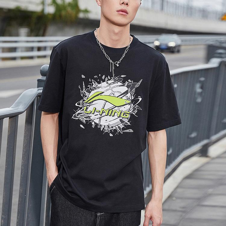 Li-Ning Sports Fashion Series Basketball Print Round Neck Short Sleeve T-Shirt Men Tops Black AHSR405-2