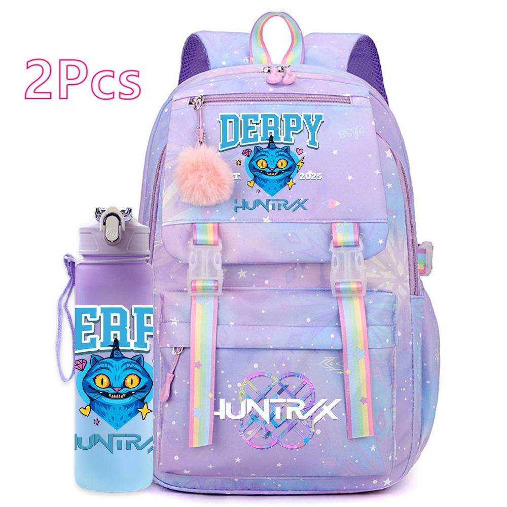 2Pcs/set Cute K-Pop Demon Hunters Printed Backpack with 750Ml Water Bottler for Teenager Student Girl Boy Large Capacity Waterproof Bookbag Travel Bag