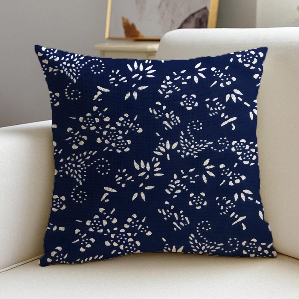 B-Blue Calico Cushion Cover Cushion Cover Pillowcase, Anti-Mite Invisible Zipper, Linen Sofa Cushion