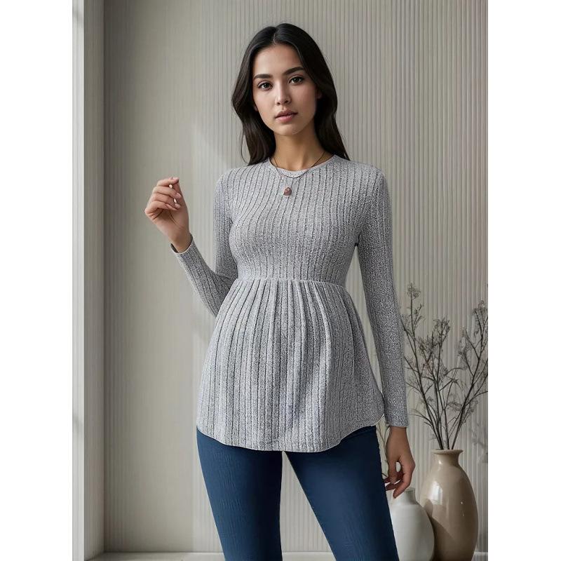 

Трикотажный топ для беременных с вертикальными полосками и складками на талии для удобной посадки XL серый