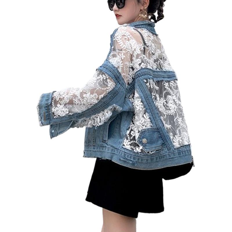 Giacca di Jeans con Ricamo a Rete e Fori, Estiva, Cuciture in Pizzo, Abbigliamento Donna Primavera Corto in Pizzo Protezione Solare