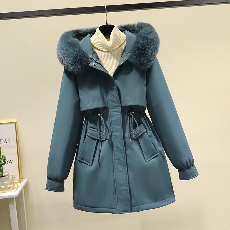 Winter Jackets Women Parka Thicken Warm Jacket Big Fur Collar Hooded Fur Lining Parka Coat Drawstring Slim Clothes
