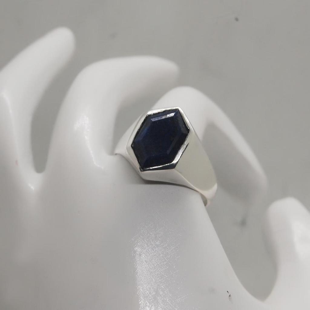 Hexagon Blue Sapphire 925 Sterling Silver Handmade Gift Ring Jewelry