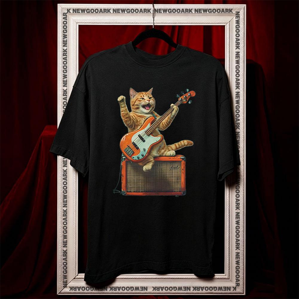 Rocker Cat Playing Bass Guitar Music Lover tshirt Women Unisex summer cotton graphic t shirts Adult streetwear tops tee Oneck S