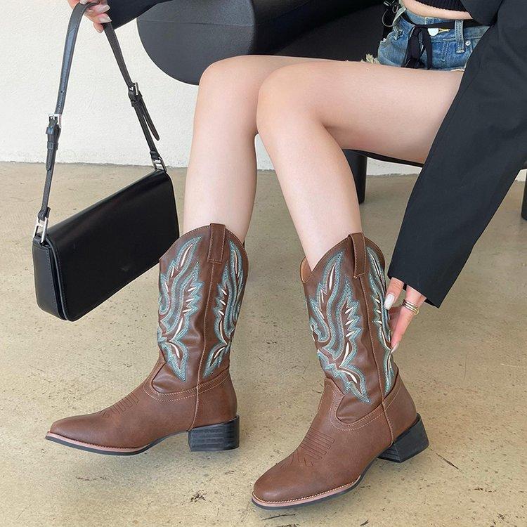 New Women Coffee Brown Embroidery Boots PU Leather Printed Western Cowboy Boots Deep V-mouth High Tube Casual Boots Classic