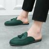 New Men Green Black Half Slippers Driving Shoes Man Casual Patent Leather Suede Mules Moccasins Loafers Shoes for Men