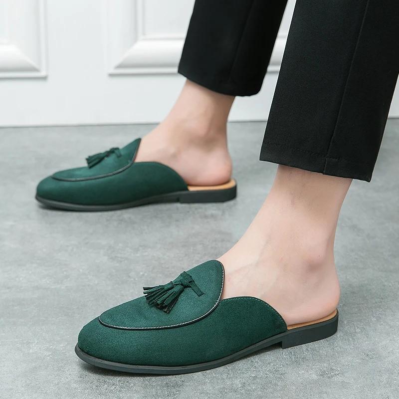 New Men Green Black Half Slippers Driving Shoes Man Casual Patent Leather Suede Mules Moccasins Loafers Shoes for Men