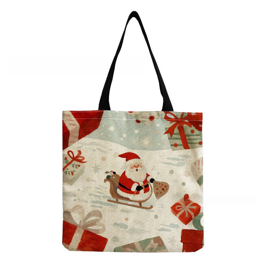 Women Vintage Linen Tote Bag - Large Capacity Christmas Print Shoulder Handbag for Casual & Grocery Shopping KTB