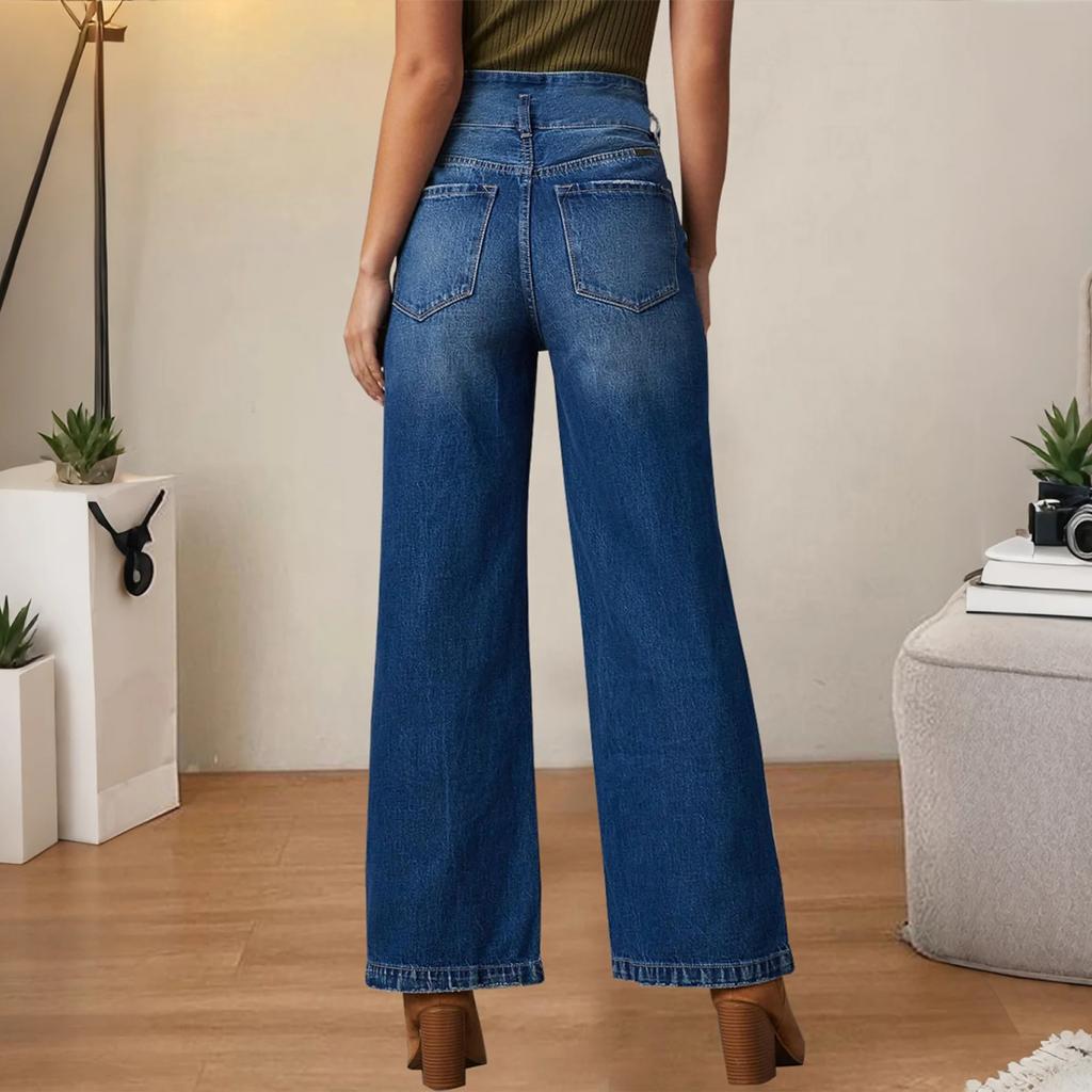Damen Jeans mit hoher Taille und gewaschener Optik, modische, vielseitige Hose mit geradem Bein