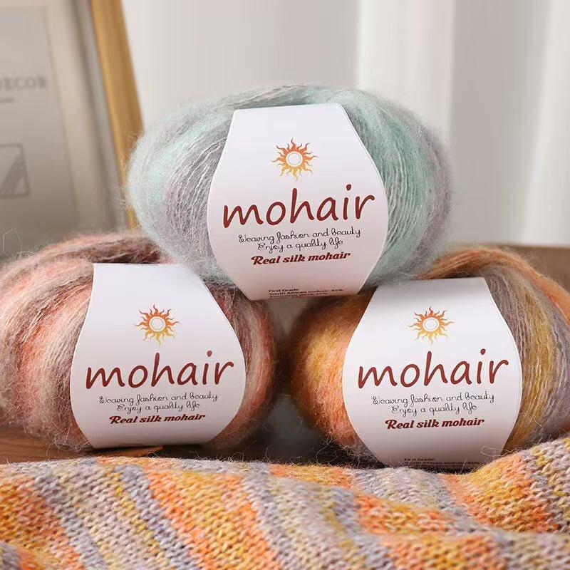 Gradient Silk Cloud-Pattern Mohair Rainbow Yarn Sweater Scarf Hat Shawl DIY Kit.