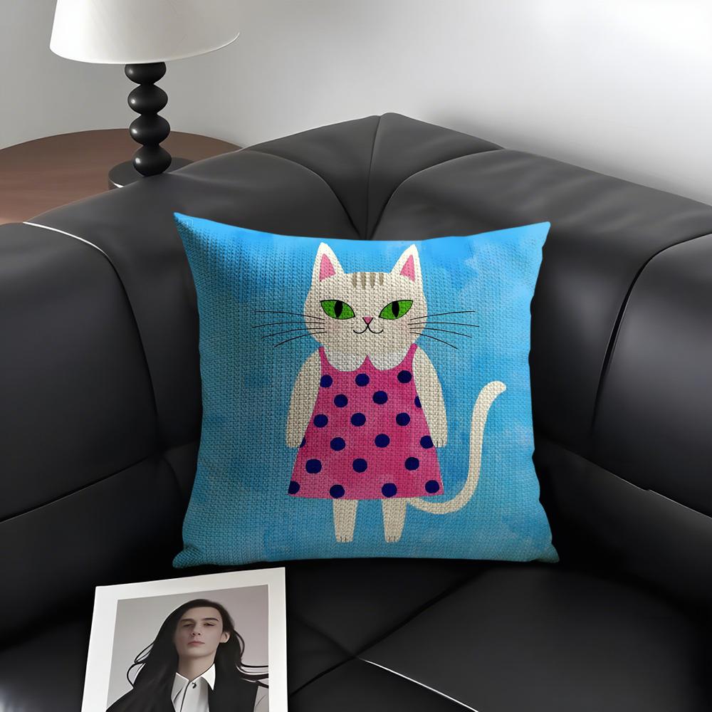 Cat Cute Cushion Cover Natural Linen Organic Fabric DoubleSided Printing Sofa Home Decor Gift Pillow Case