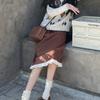 Japanese Sweet Vintage Corduroy Midi Skirt Women Kawaii High Waist Ruffle Patchwork Split Skirts Soft Girl Autumn Winter