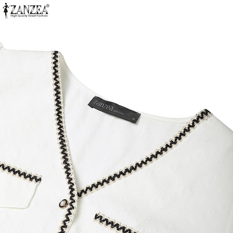 ZANZEA Elegant Women Short Sleeve Stitching Hem Buttons Casual Cropped Blouse