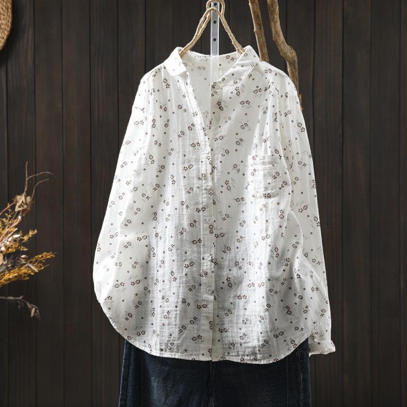Spring 2026 Women's Retro Floral Cotton Gauze Long-Sleeve Shirt