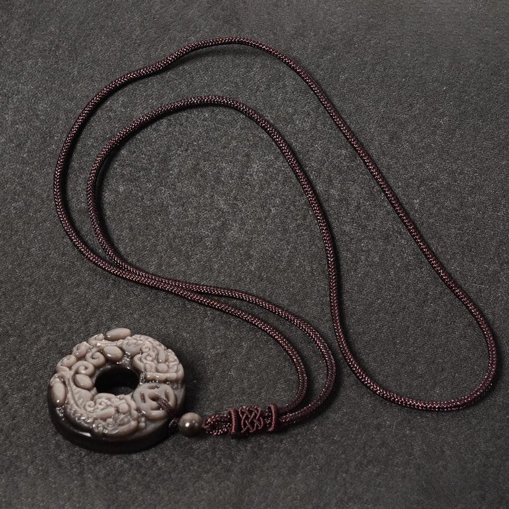 Natural Black Obsidian Pixiu Safety Buckle Pendant Necklace for Men and Women