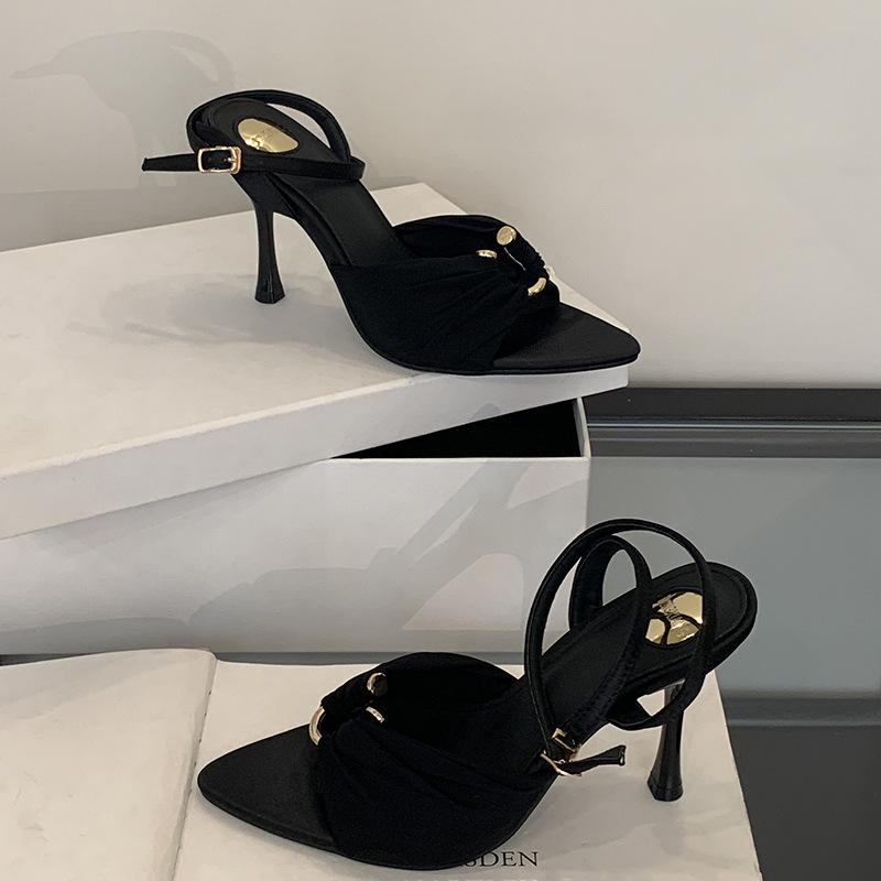 Fashion Summer Pointed Toe Thin High Heels Fashion Pleated Metal Buckle Strap Women Sandals Banquet Party Female Mules Shoes