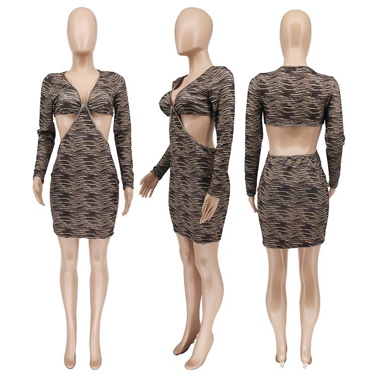 JH5906 European & American Women's Sexy V-Neck Hollow Ribbed Long-Sleeve Dress