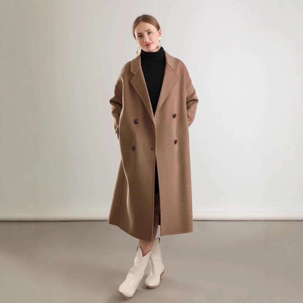 2024 Autumn Double-Breasted Woolen Women's Mid-Length Loose Coat
