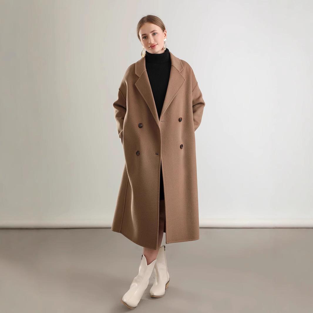 

2024 Autumn Double-Breasted Woolen Women s Mid-Length Loose Coat Medium