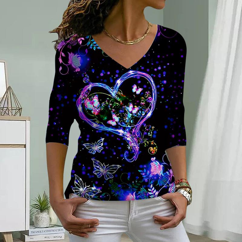 Colorful Glowing Butterfly Print Women Tshirts Ladies Tops Long Sleeve V-neck Pullover Femme T-shirts T Shirt For Women