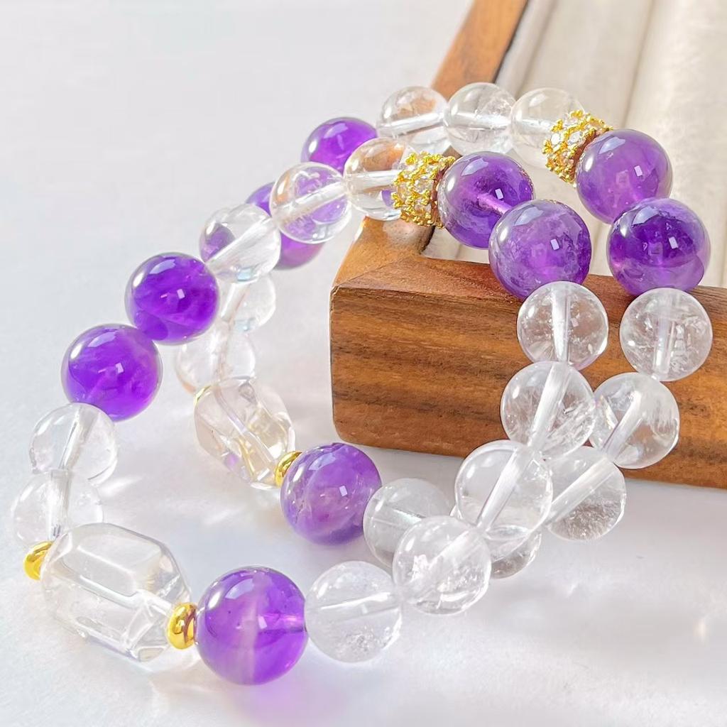 Vintage Natural 10Mm White Crystal 12Mm Amethyst Design Bracelet Bracelet