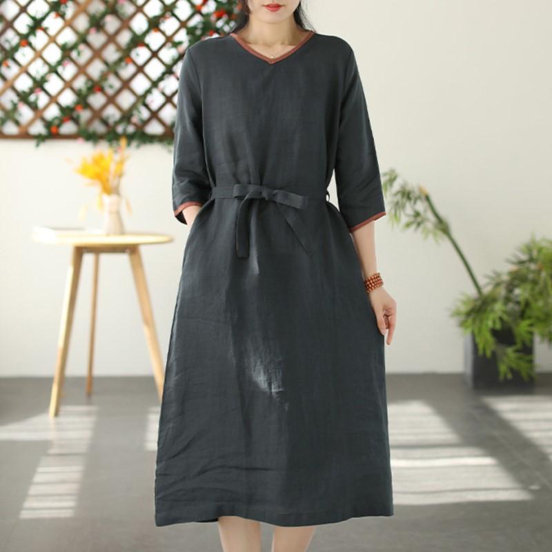 

Johnature Женщины Винтажные Рами Бандажные Платья Семь Рукавов Летние Однотонные Женские Одежда Повседневное Платье