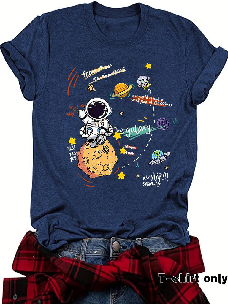 Damen T-Shirt mit Astronauten-Print Kurzarm Lockeres Mode-T-Shirt