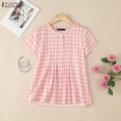 Kobiety Casualowy Okrągły Dekolt Krótki Rękaw Luźna Bluzka z Nadrukiem w Kratę