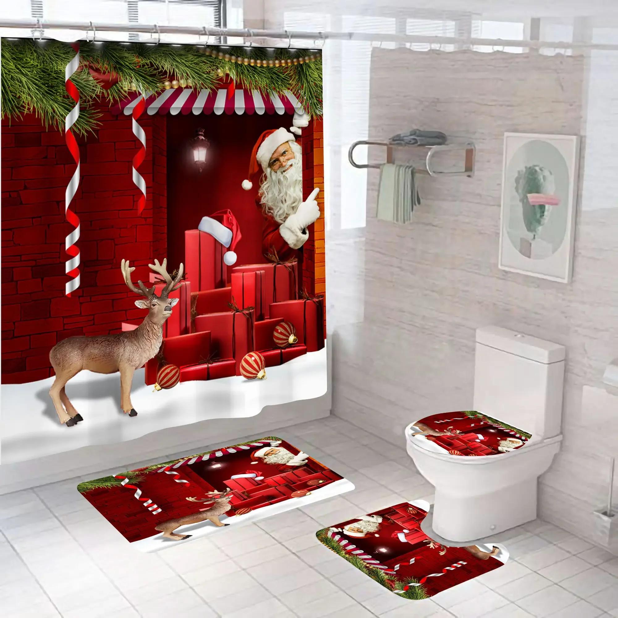 

New Year Home Bathroom Curtain Decor With Hooks Christmas Snowman Shower Curtains Red Bird Berry Rabbit Winter Forest Snowflake 1pc90x180curtain