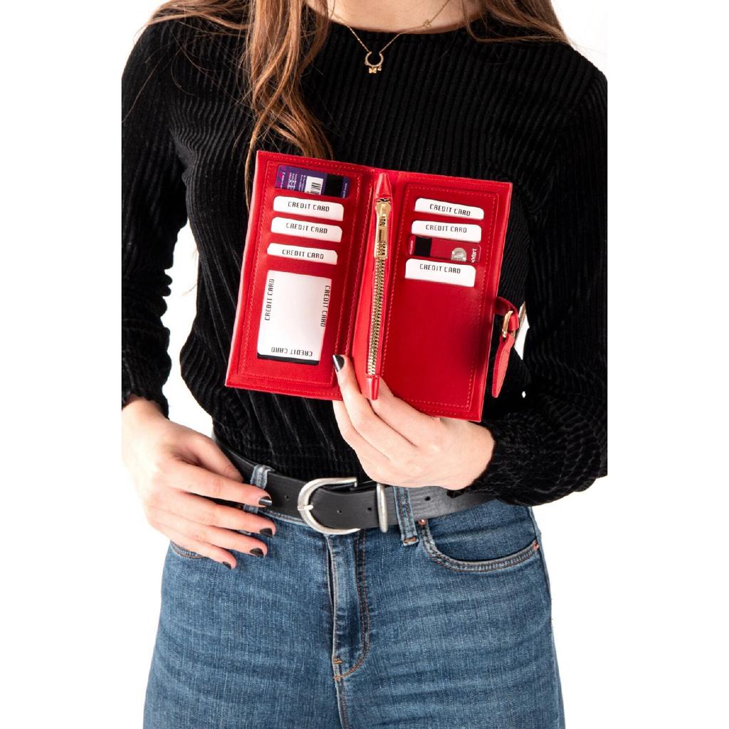 Rote Damenbrieftasche mit weicher Hautschnalle und Zubehör mit mehreren Fächern
